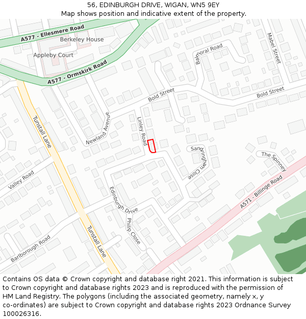 56, EDINBURGH DRIVE, WIGAN, WN5 9EY: Location map and indicative extent of plot