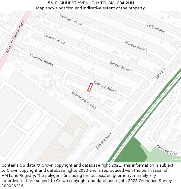 56, ELMHURST AVENUE, MITCHAM, CR4 2HN: Location map and indicative extent of plot
