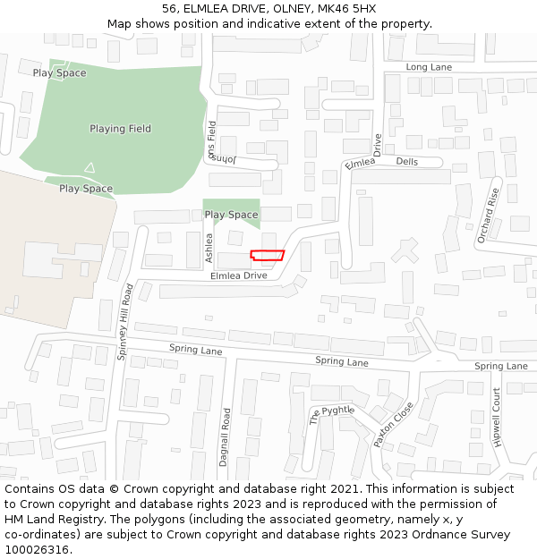 56, ELMLEA DRIVE, OLNEY, MK46 5HX: Location map and indicative extent of plot