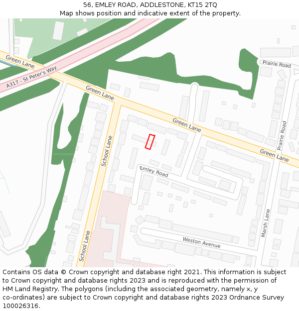 56, EMLEY ROAD, ADDLESTONE, KT15 2TQ: Location map and indicative extent of plot