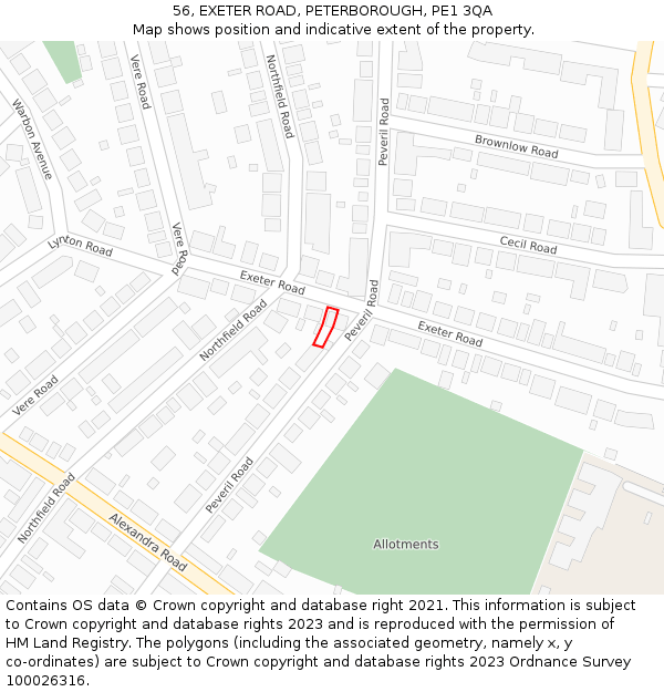 56, EXETER ROAD, PETERBOROUGH, PE1 3QA: Location map and indicative extent of plot