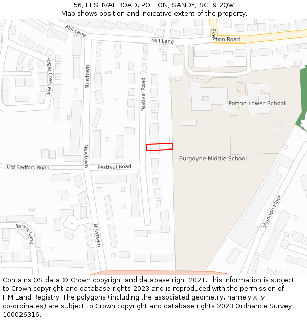 56, FESTIVAL ROAD, POTTON, SANDY, SG19 2QW: Location map and indicative extent of plot