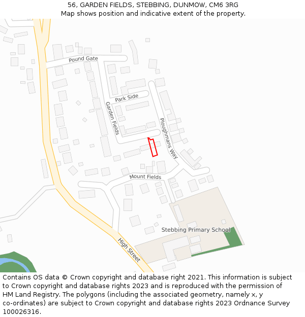 56, GARDEN FIELDS, STEBBING, DUNMOW, CM6 3RG: Location map and indicative extent of plot