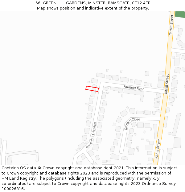 56, GREENHILL GARDENS, MINSTER, RAMSGATE, CT12 4EP: Location map and indicative extent of plot