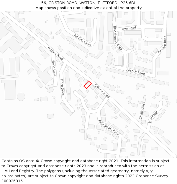 56, GRISTON ROAD, WATTON, THETFORD, IP25 6DL: Location map and indicative extent of plot