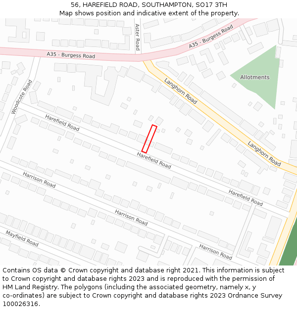 56, HAREFIELD ROAD, SOUTHAMPTON, SO17 3TH: Location map and indicative extent of plot