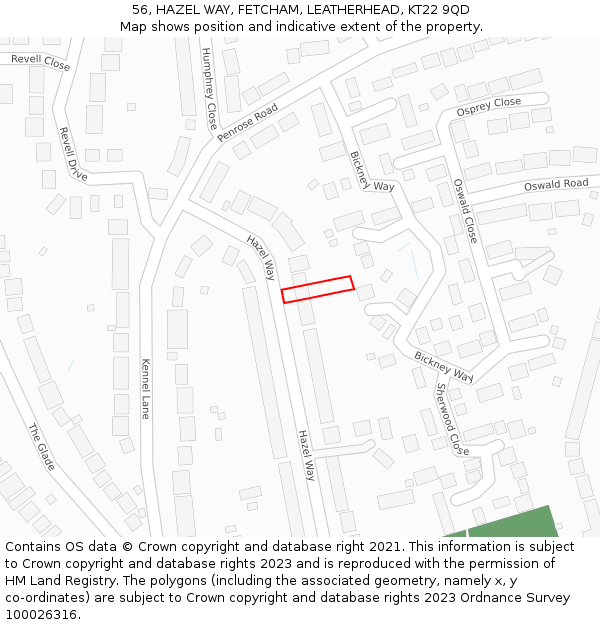 56, HAZEL WAY, FETCHAM, LEATHERHEAD, KT22 9QD: Location map and indicative extent of plot