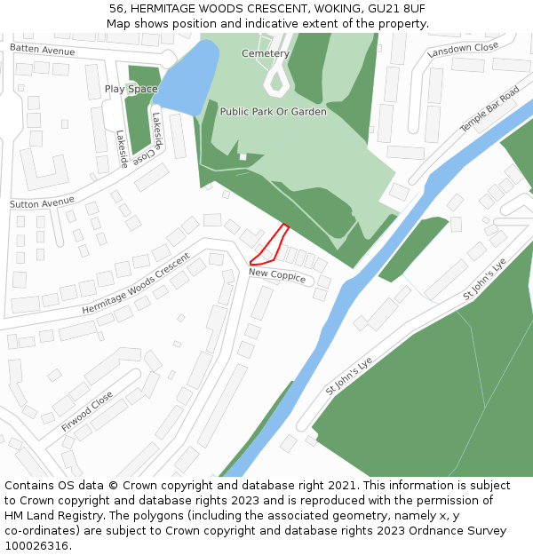 56, HERMITAGE WOODS CRESCENT, WOKING, GU21 8UF: Location map and indicative extent of plot