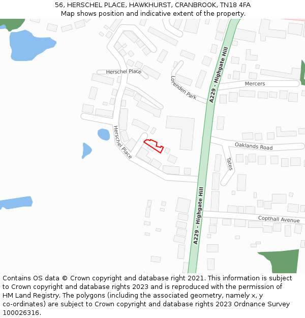 56, HERSCHEL PLACE, HAWKHURST, CRANBROOK, TN18 4FA: Location map and indicative extent of plot