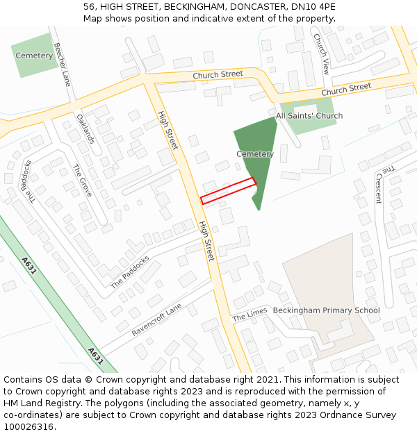 56, HIGH STREET, BECKINGHAM, DONCASTER, DN10 4PE: Location map and indicative extent of plot