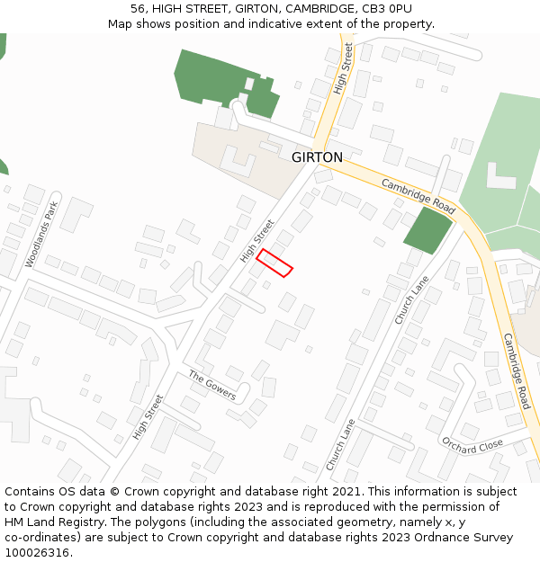 56, HIGH STREET, GIRTON, CAMBRIDGE, CB3 0PU: Location map and indicative extent of plot