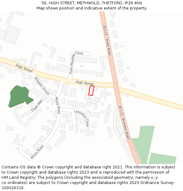 56, HIGH STREET, METHWOLD, THETFORD, IP26 4NX: Location map and indicative extent of plot