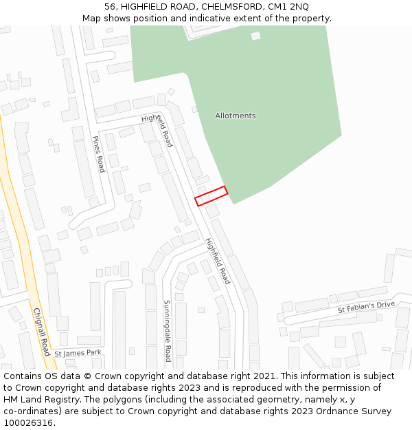 56, HIGHFIELD ROAD, CHELMSFORD, CM1 2NQ: Location map and indicative extent of plot