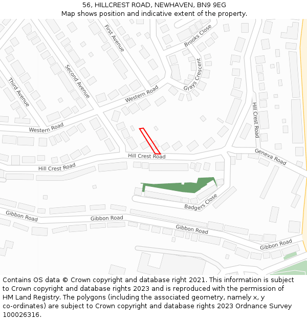 56, HILLCREST ROAD, NEWHAVEN, BN9 9EG: Location map and indicative extent of plot