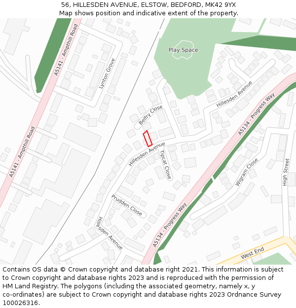 56, HILLESDEN AVENUE, ELSTOW, BEDFORD, MK42 9YX: Location map and indicative extent of plot