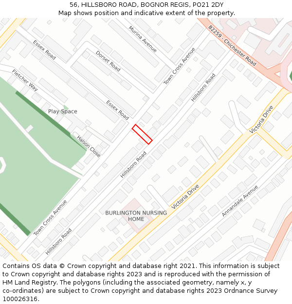 56, HILLSBORO ROAD, BOGNOR REGIS, PO21 2DY: Location map and indicative extent of plot