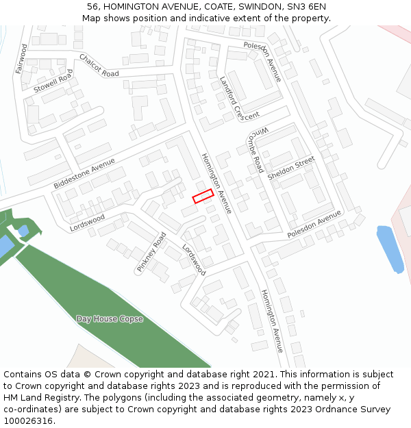 56, HOMINGTON AVENUE, COATE, SWINDON, SN3 6EN: Location map and indicative extent of plot