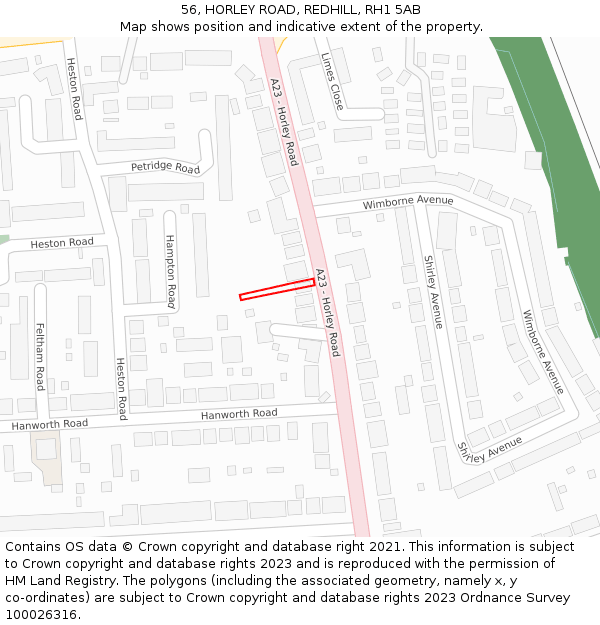 56, HORLEY ROAD, REDHILL, RH1 5AB: Location map and indicative extent of plot