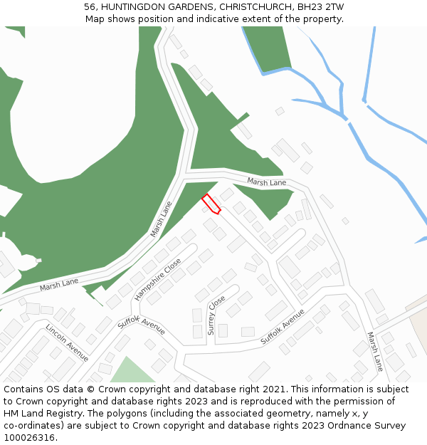 56, HUNTINGDON GARDENS, CHRISTCHURCH, BH23 2TW: Location map and indicative extent of plot