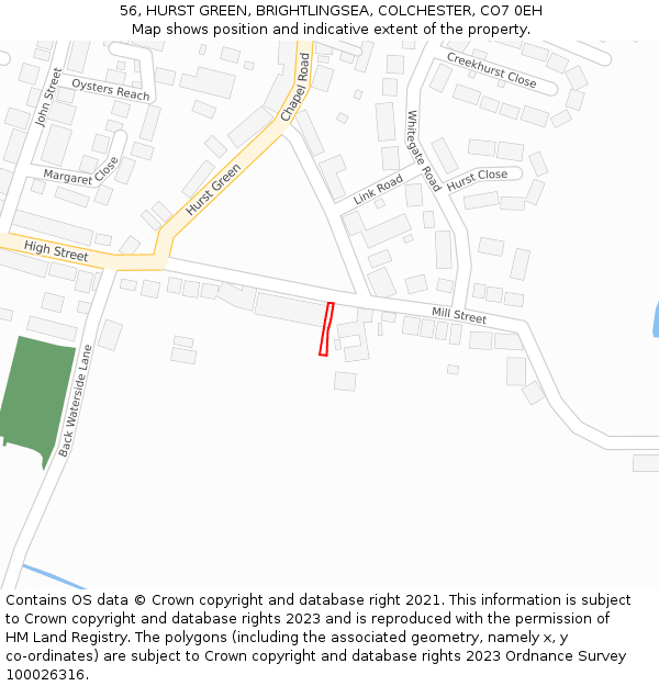 56, HURST GREEN, BRIGHTLINGSEA, COLCHESTER, CO7 0EH: Location map and indicative extent of plot