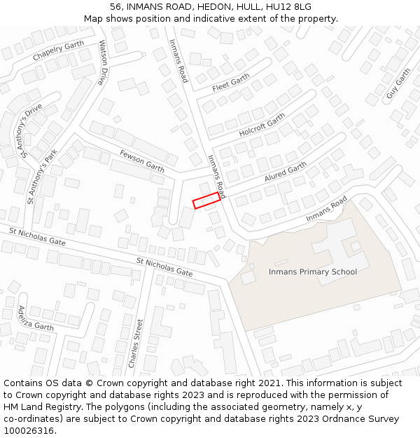 56, INMANS ROAD, HEDON, HULL, HU12 8LG: Location map and indicative extent of plot