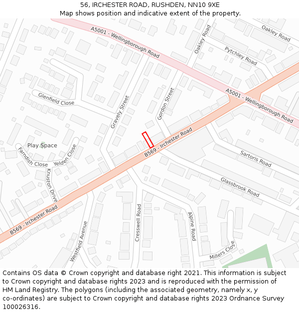 56, IRCHESTER ROAD, RUSHDEN, NN10 9XE: Location map and indicative extent of plot