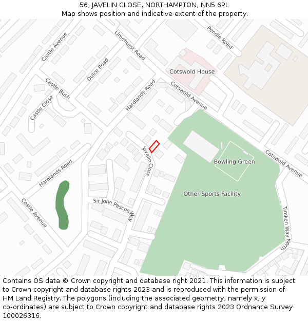56, JAVELIN CLOSE, NORTHAMPTON, NN5 6PL: Location map and indicative extent of plot