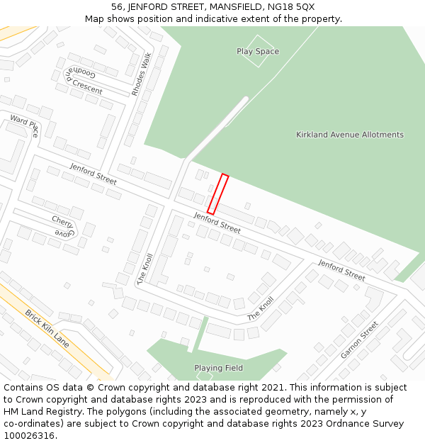 56, JENFORD STREET, MANSFIELD, NG18 5QX: Location map and indicative extent of plot