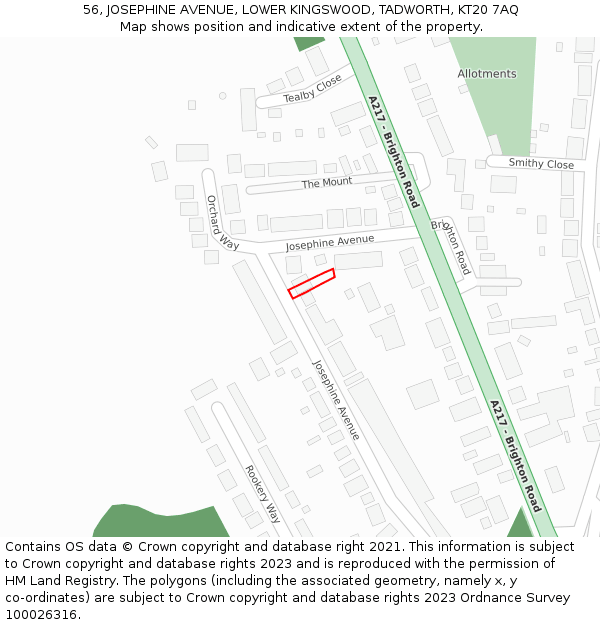 56, JOSEPHINE AVENUE, LOWER KINGSWOOD, TADWORTH, KT20 7AQ: Location map and indicative extent of plot