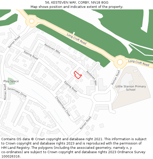 56, KESTEVEN WAY, CORBY, NN18 8GG: Location map and indicative extent of plot