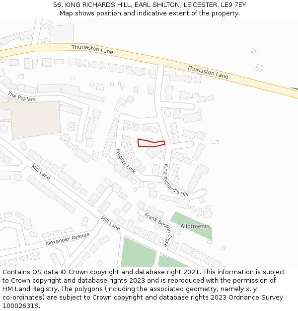 56, KING RICHARDS HILL, EARL SHILTON, LEICESTER, LE9 7EY: Location map and indicative extent of plot