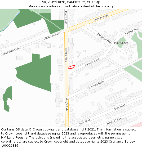 56, KINGS RIDE, CAMBERLEY, GU15 4JF: Location map and indicative extent of plot