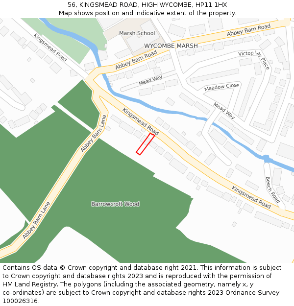 56, KINGSMEAD ROAD, HIGH WYCOMBE, HP11 1HX: Location map and indicative extent of plot