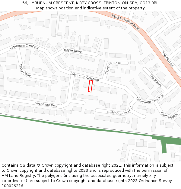 56, LABURNUM CRESCENT, KIRBY CROSS, FRINTON-ON-SEA, CO13 0RH: Location map and indicative extent of plot