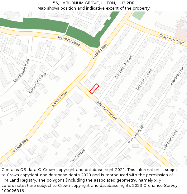 56, LABURNUM GROVE, LUTON, LU3 2DP: Location map and indicative extent of plot