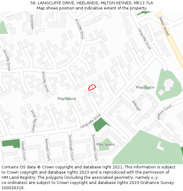 56, LANGCLIFFE DRIVE, HEELANDS, MILTON KEYNES, MK13 7LA: Location map and indicative extent of plot