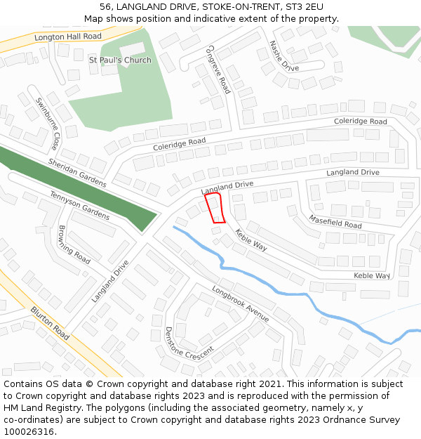 56, LANGLAND DRIVE, STOKE-ON-TRENT, ST3 2EU: Location map and indicative extent of plot