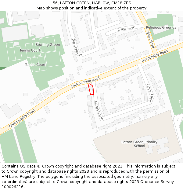 56, LATTON GREEN, HARLOW, CM18 7ES: Location map and indicative extent of plot