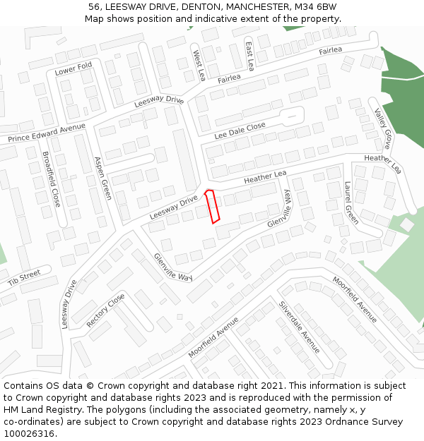 56, LEESWAY DRIVE, DENTON, MANCHESTER, M34 6BW: Location map and indicative extent of plot