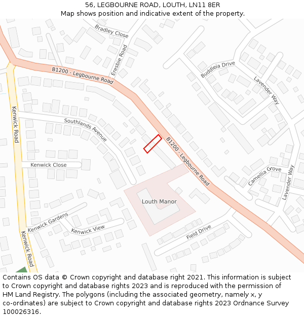 56, LEGBOURNE ROAD, LOUTH, LN11 8ER: Location map and indicative extent of plot