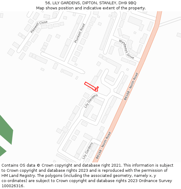 56, LILY GARDENS, DIPTON, STANLEY, DH9 9BQ: Location map and indicative extent of plot