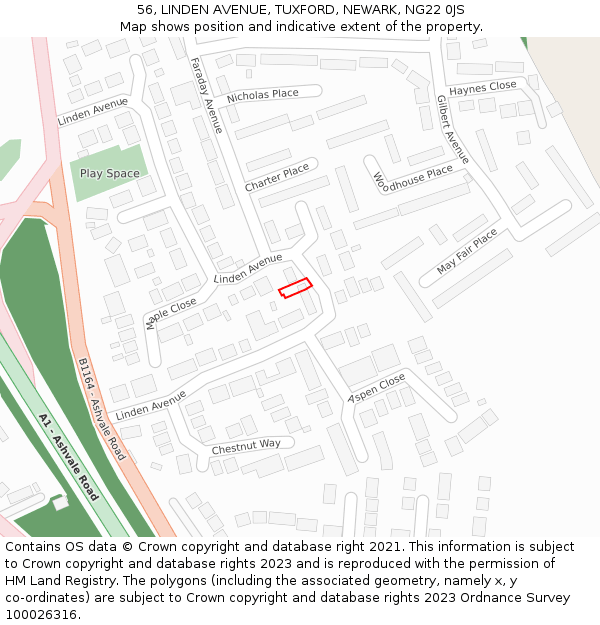 56, LINDEN AVENUE, TUXFORD, NEWARK, NG22 0JS: Location map and indicative extent of plot