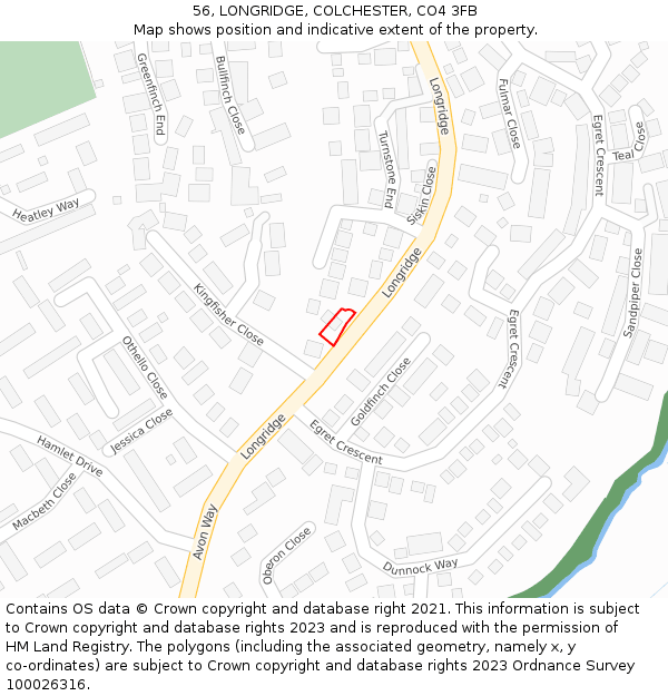 56, LONGRIDGE, COLCHESTER, CO4 3FB: Location map and indicative extent of plot