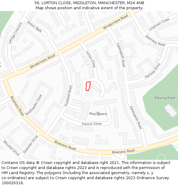 56, LORTON CLOSE, MIDDLETON, MANCHESTER, M24 4NB: Location map and indicative extent of plot