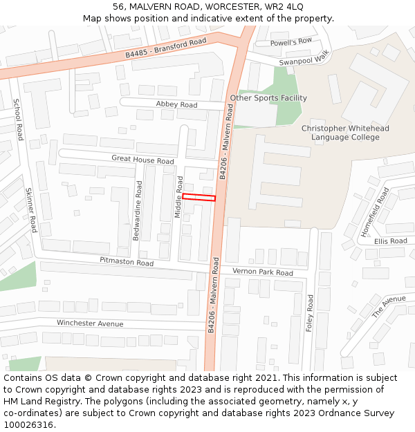 56, MALVERN ROAD, WORCESTER, WR2 4LQ: Location map and indicative extent of plot