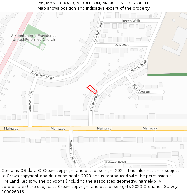 56, MANOR ROAD, MIDDLETON, MANCHESTER, M24 1LF: Location map and indicative extent of plot