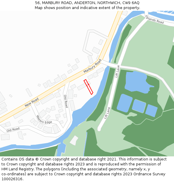 56, MARBURY ROAD, ANDERTON, NORTHWICH, CW9 6AQ: Location map and indicative extent of plot