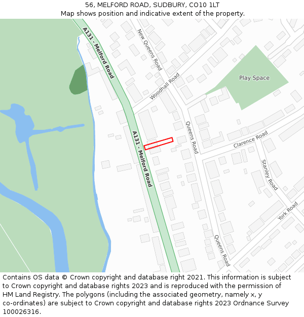 56, MELFORD ROAD, SUDBURY, CO10 1LT: Location map and indicative extent of plot