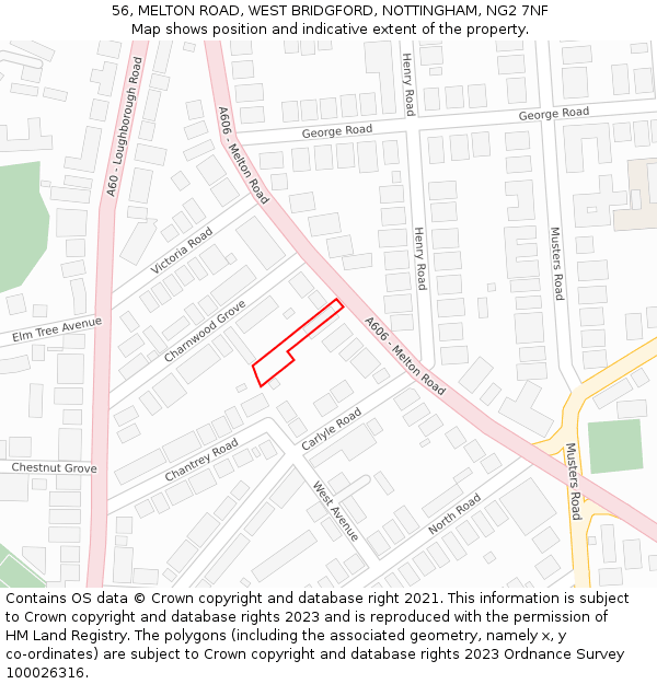 56, MELTON ROAD, WEST BRIDGFORD, NOTTINGHAM, NG2 7NF: Location map and indicative extent of plot