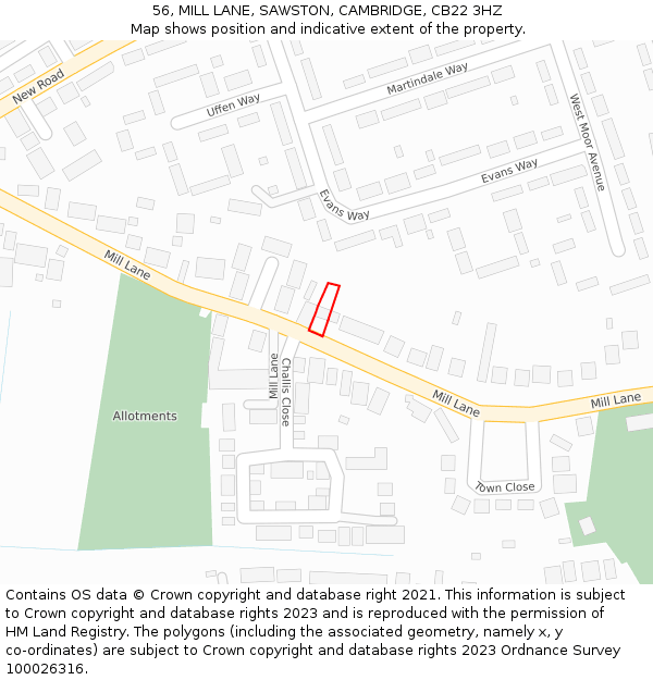 56, MILL LANE, SAWSTON, CAMBRIDGE, CB22 3HZ: Location map and indicative extent of plot